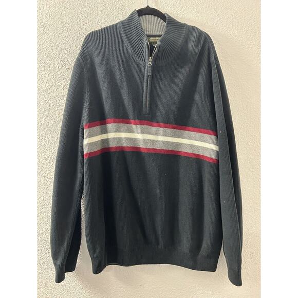 Eddie Bauer Mens‎ Sweater Pullover Long Sleeve 1/4 Zip Gray Stripe Size XL Cabin - Picture 1 of 11